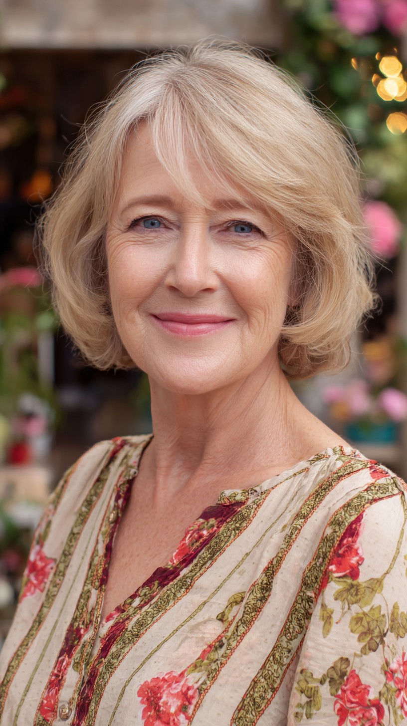 Creamy Ash-Blonde Rounded Bob with Wispy Side-Swept Fringe