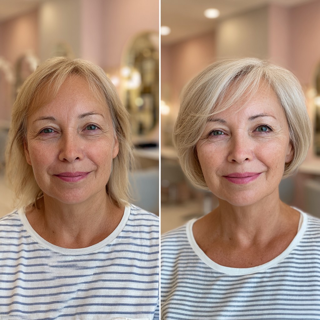 Feathered Silver-Champagne Graduated Bob with Diagonal Fringe