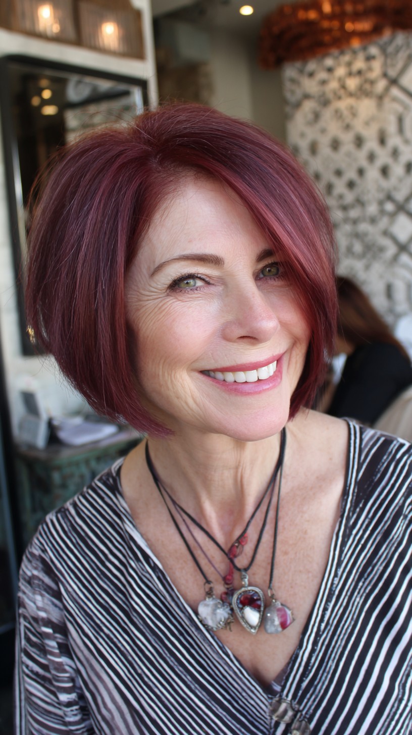 Glossy Bordeaux Graduated Chin-Length Bob with Side Sweep