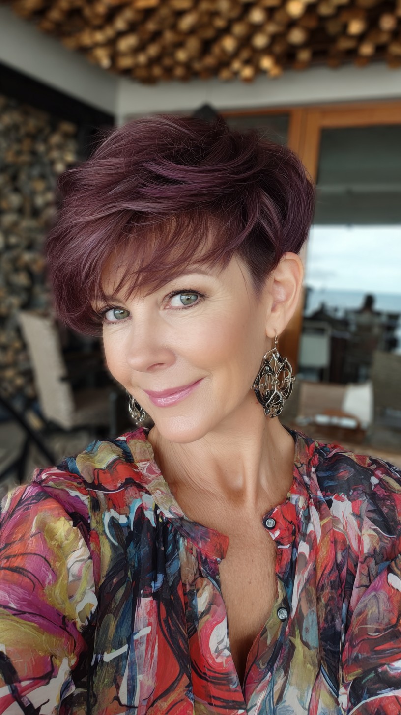 Plum-Gloss Sleek Tapered Pixie with Wispy Fringe