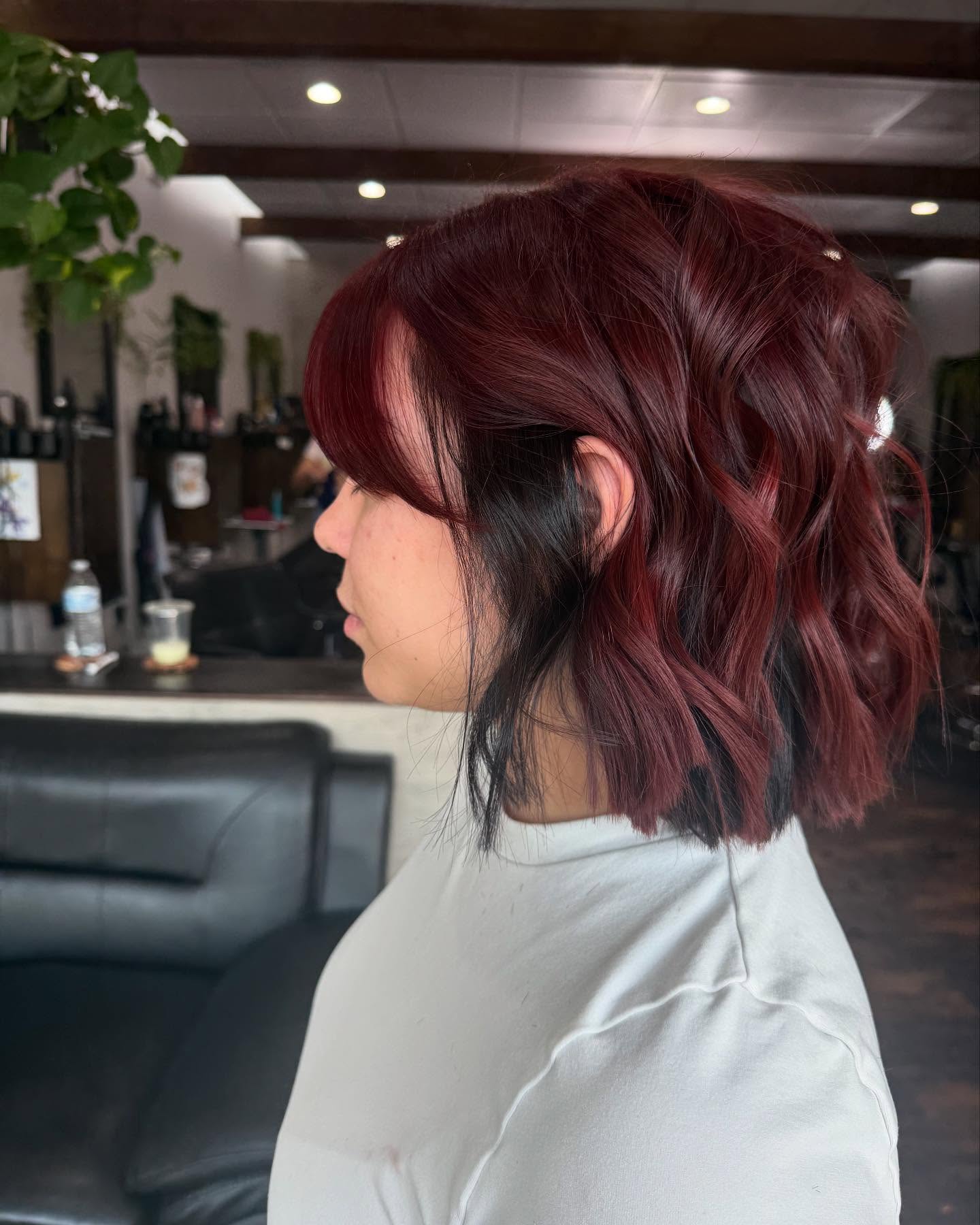Razor-Textured Wine-Red Bob with Black Peekaboo Underlayer