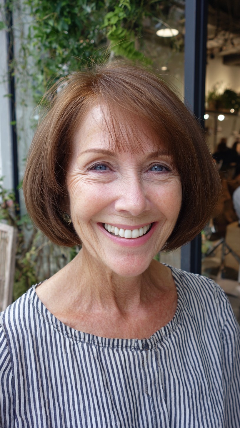 Rounded Chestnut Chin-Length Bob with Feathered Micro-Fringe