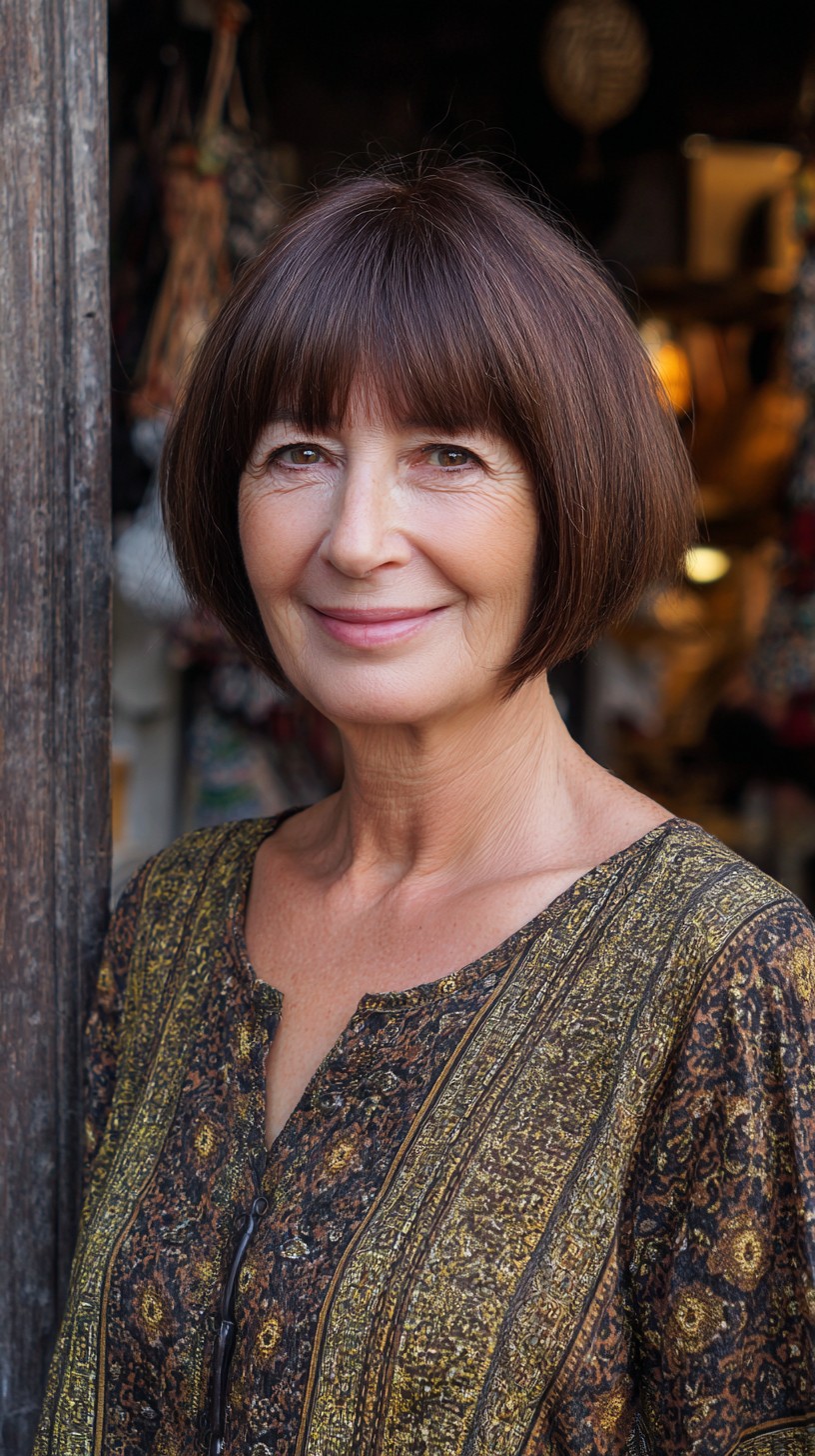 Rounded Chin-Length Bob with Soft Blunt Fringe and Face-Brightening Midtones