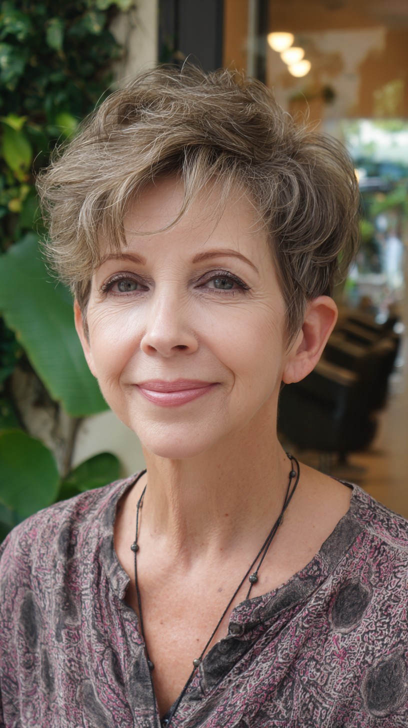 Salt-and-Pepper Textured Pixie with Airy Crown Lift