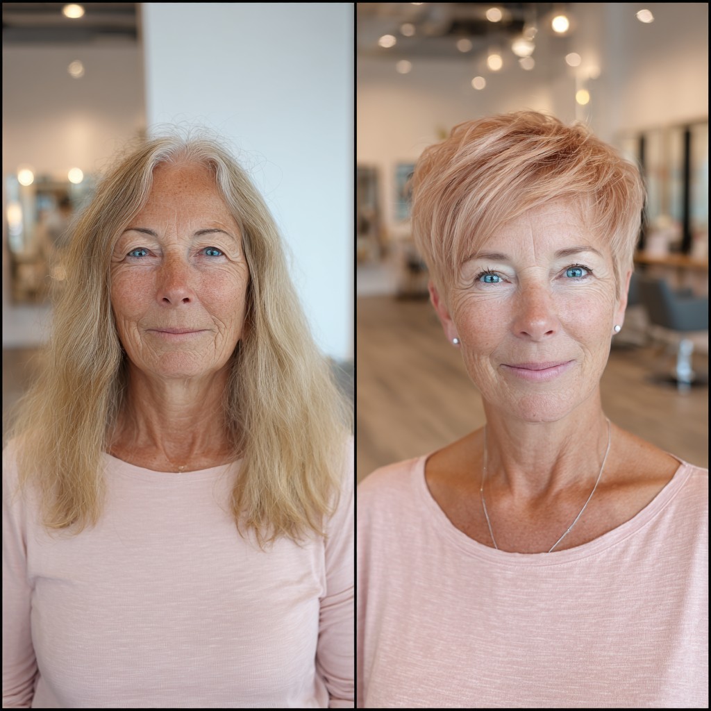 Short Rose-Blonde Textured Pixie with Diagonal Fringe