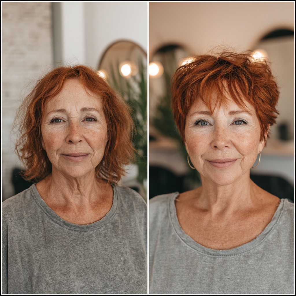 Short Textured Copper Pixie with Micro-Fringe and Nape Graduation