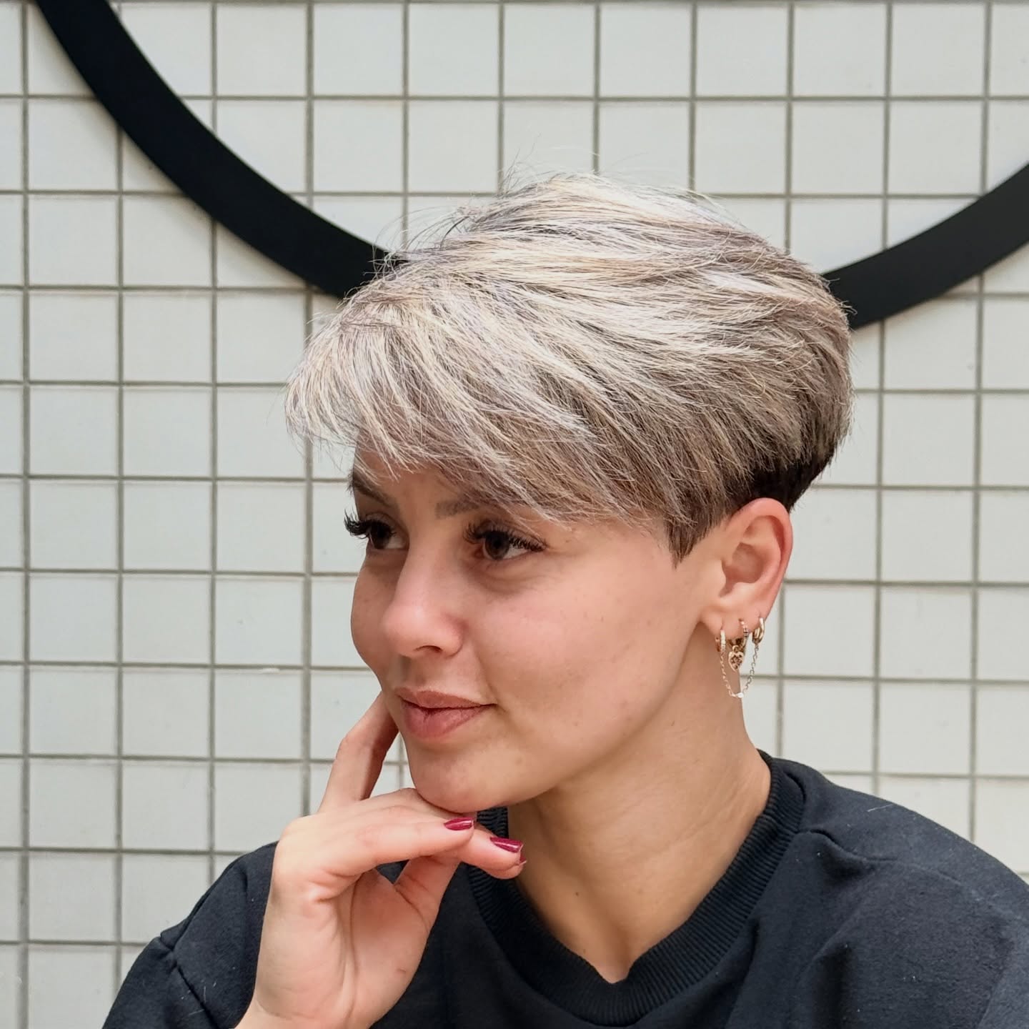 Silver Ash Textured Stacked Pixie with Side-Swept Fringe
