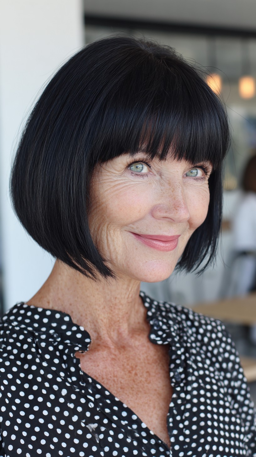 Sleek Jet-Black Chin-Length Bob with Blunt Fringe