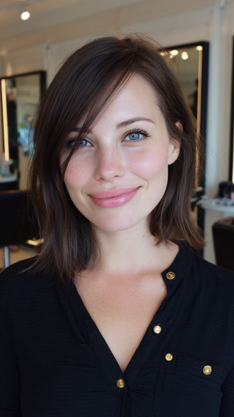 Soft Ash-Brown Shoulder-Grazing Lob with Diagonal Face‑Framing Fringe