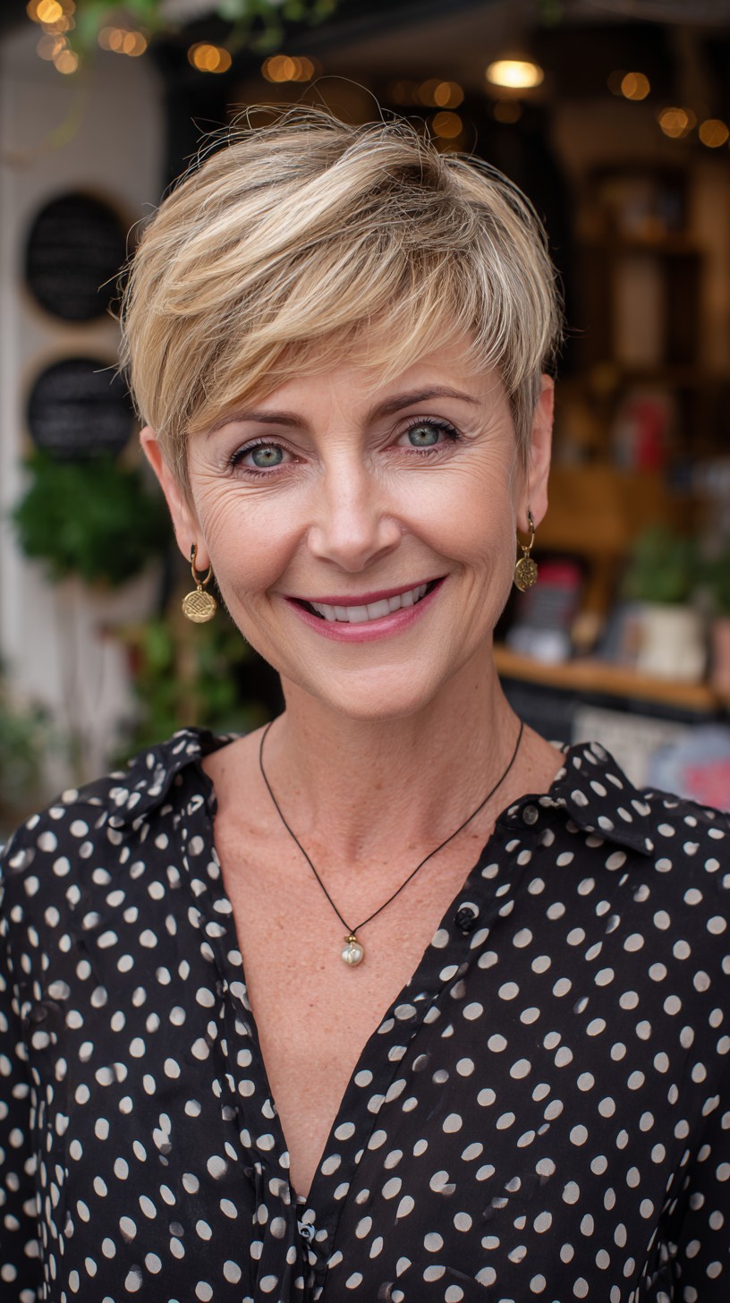 Soft Blonde Pixie with Feathered Crown and Tapered Temples