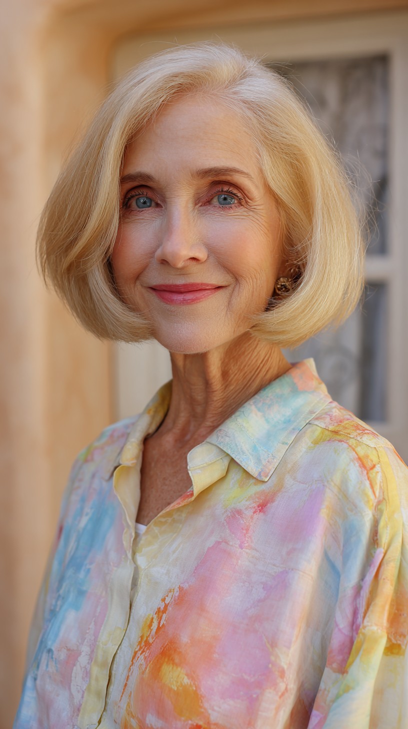Soft Blonde Rounded Chin-Length Bob with Subtle Root Shadow