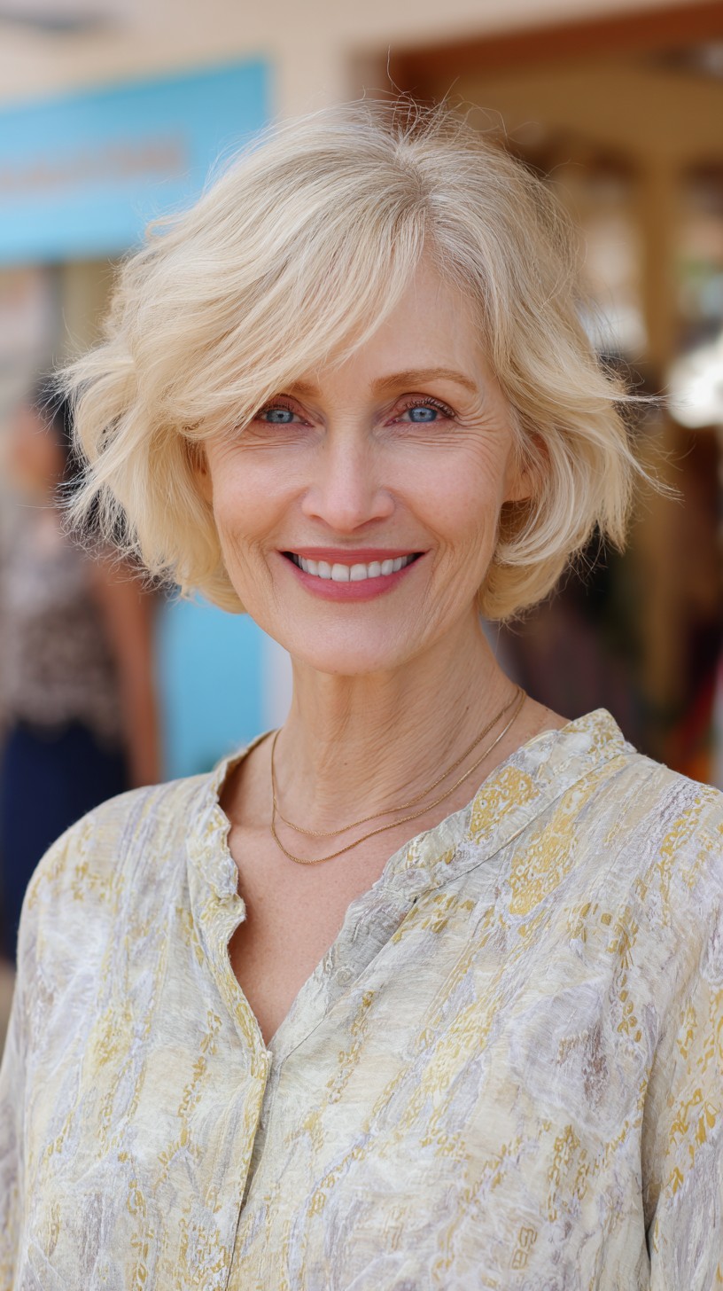 Soft Layered Blonde Chin-Length Bob with Side-Swept Curtain