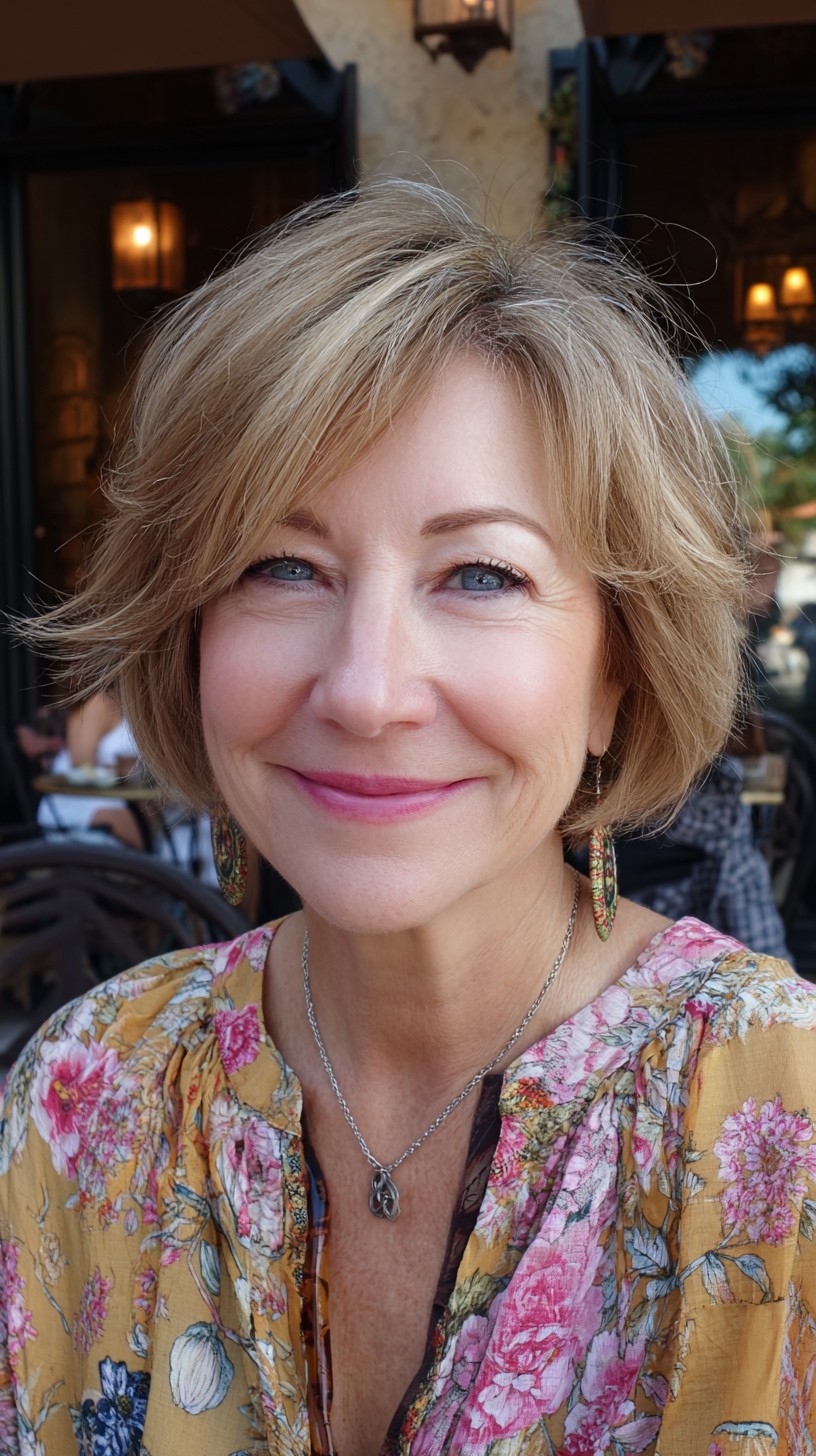 Soft Layered Chin-Length Bob with Curtain Fringe and Root Shadow