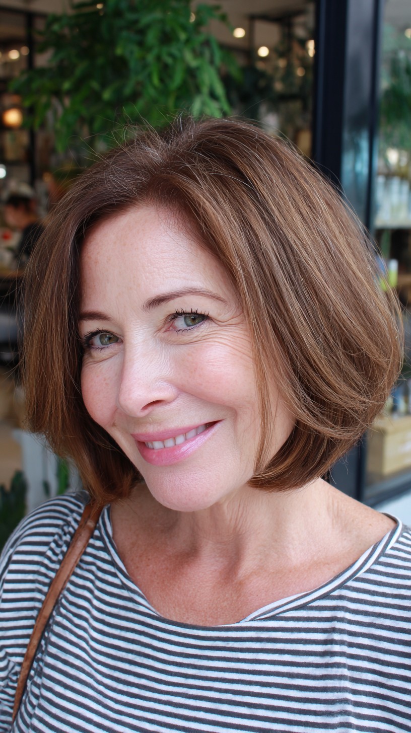 Soft Rounded Chin-Length Brunette Bob with Face-Framing Layers