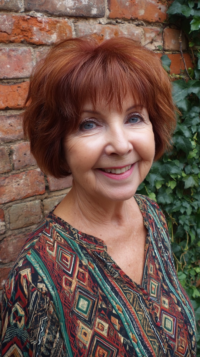 Textured Auburn Rounded Short Bob with Feathered Micro Fringe