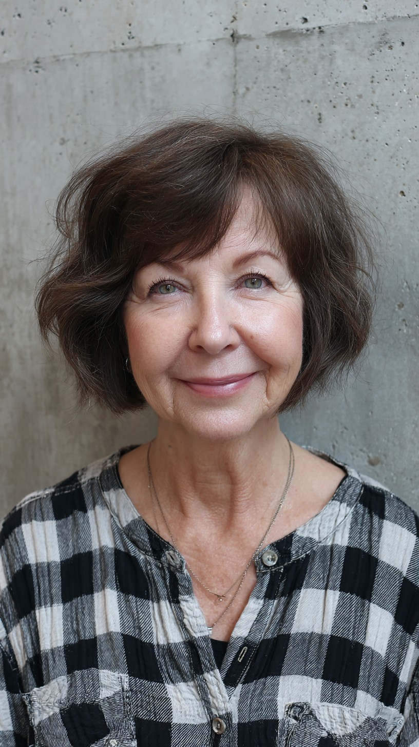 Textured Brunette Chin-Length Bob with Side-Swept Fringe and Natural Gray Blend