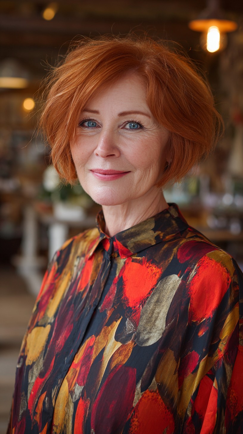 Textured Copper Chin-Length Bob with Side-Swept Lift