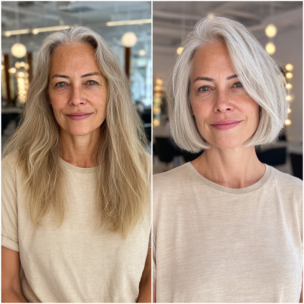 Textured Silver Angled Chin-Length Bob with Deep Side Part