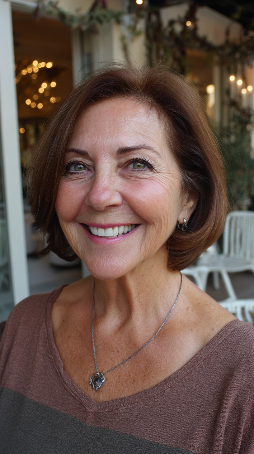 Velvety Chestnut Rounded Bob with Gentle Side-Swept Fringe