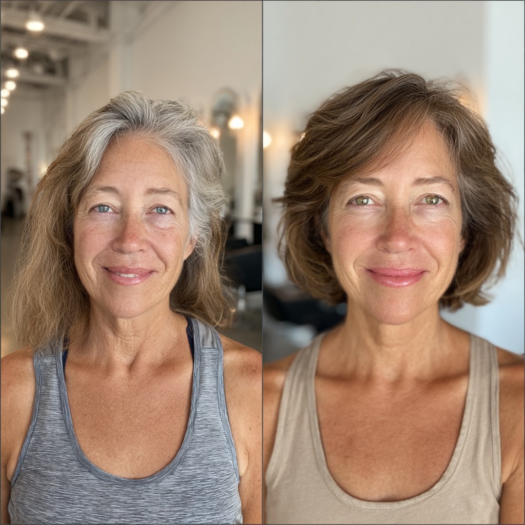 Warm Brown Stacked Bob with Face-Framing Silver Blend