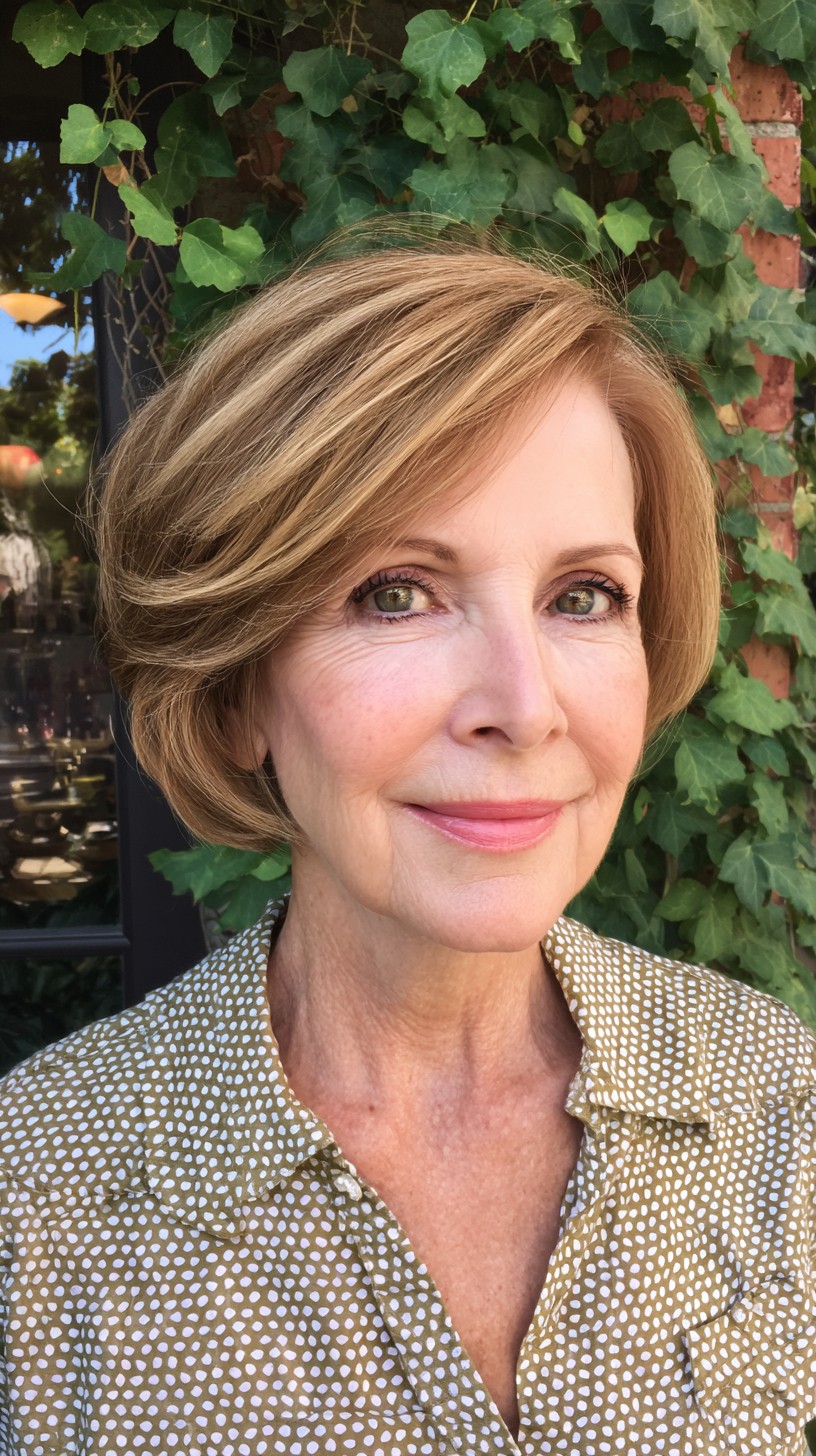Warm Caramel Rounded Chin-Length Bob with Feathered Temple Layers
