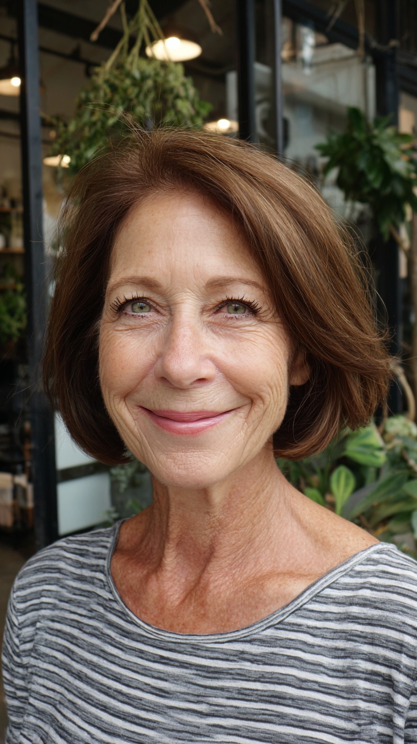 Warm Chestnut Rounded Chin-Length Bob with Subtle Crown Lift