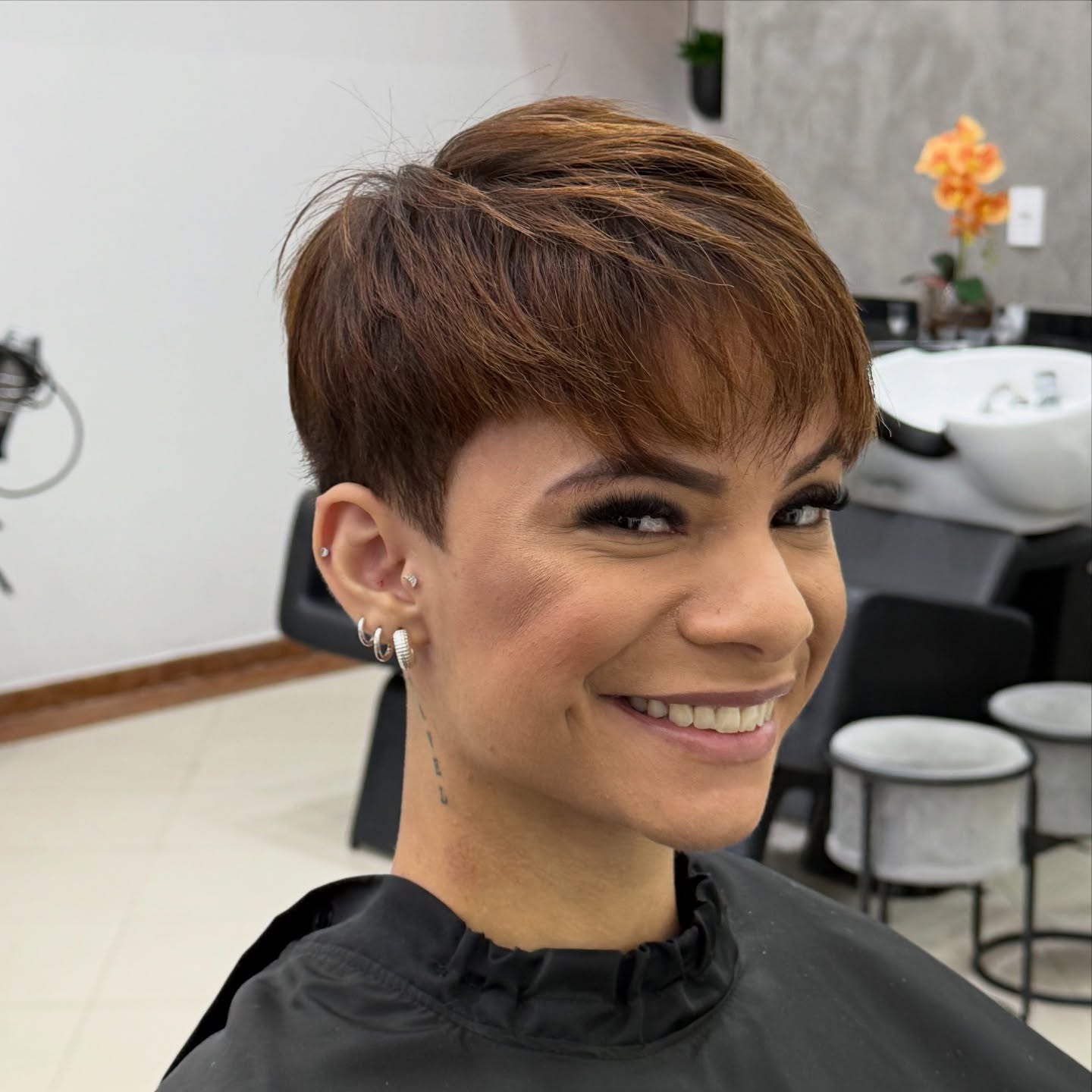 Warm Copper Micro Pixie with Textured Fringe and Tapered Temples