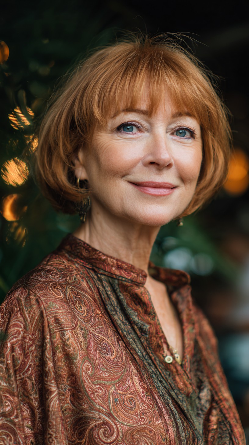 Warm Copper Rounded Chin-Length Bob with Micro-Bang