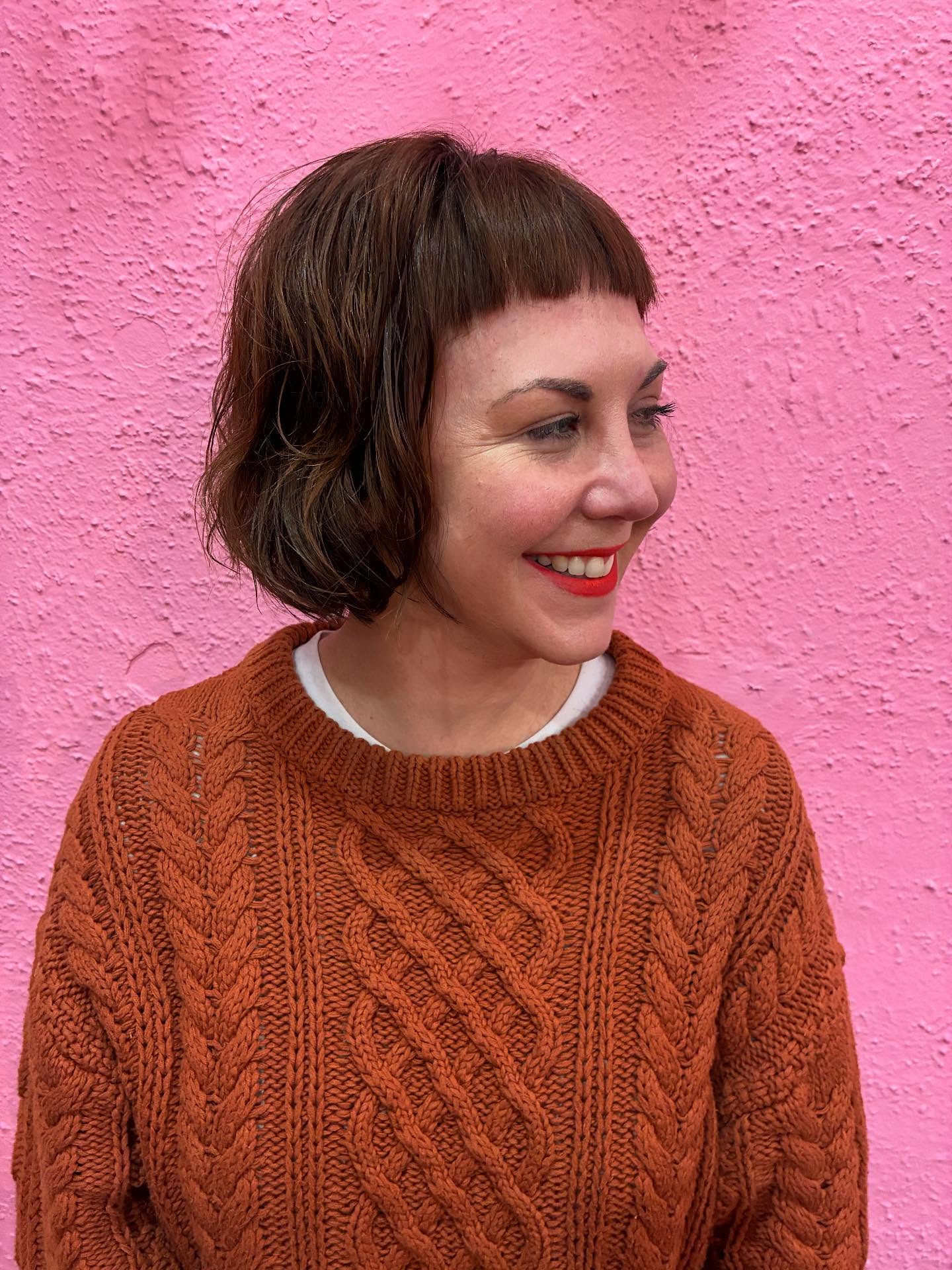 Chestnut Razored Chin-Length Bob with Micro Fringe and Soft Waves