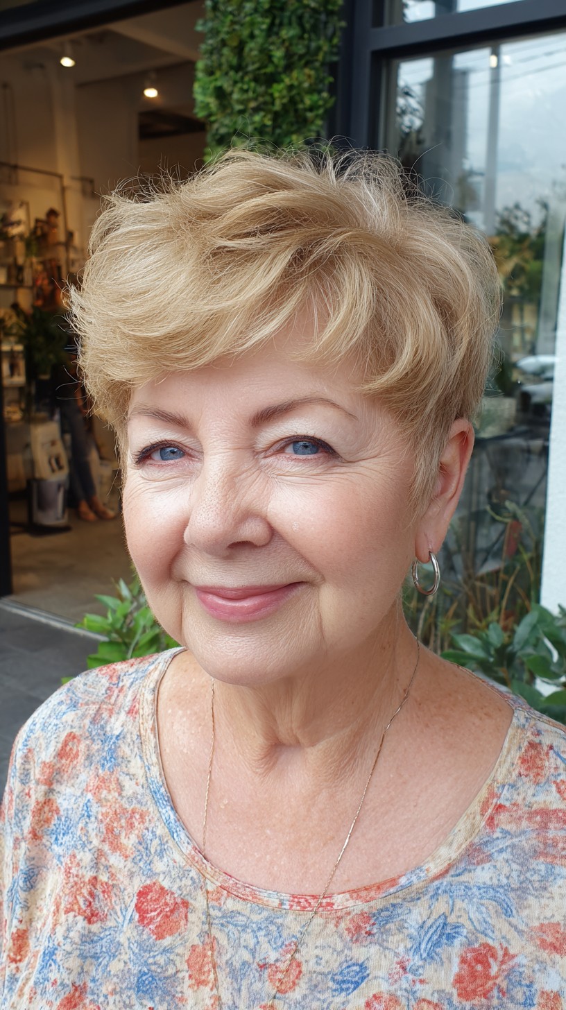 Feathered Blonde Crop with Lifted Crown and Soft Fringe