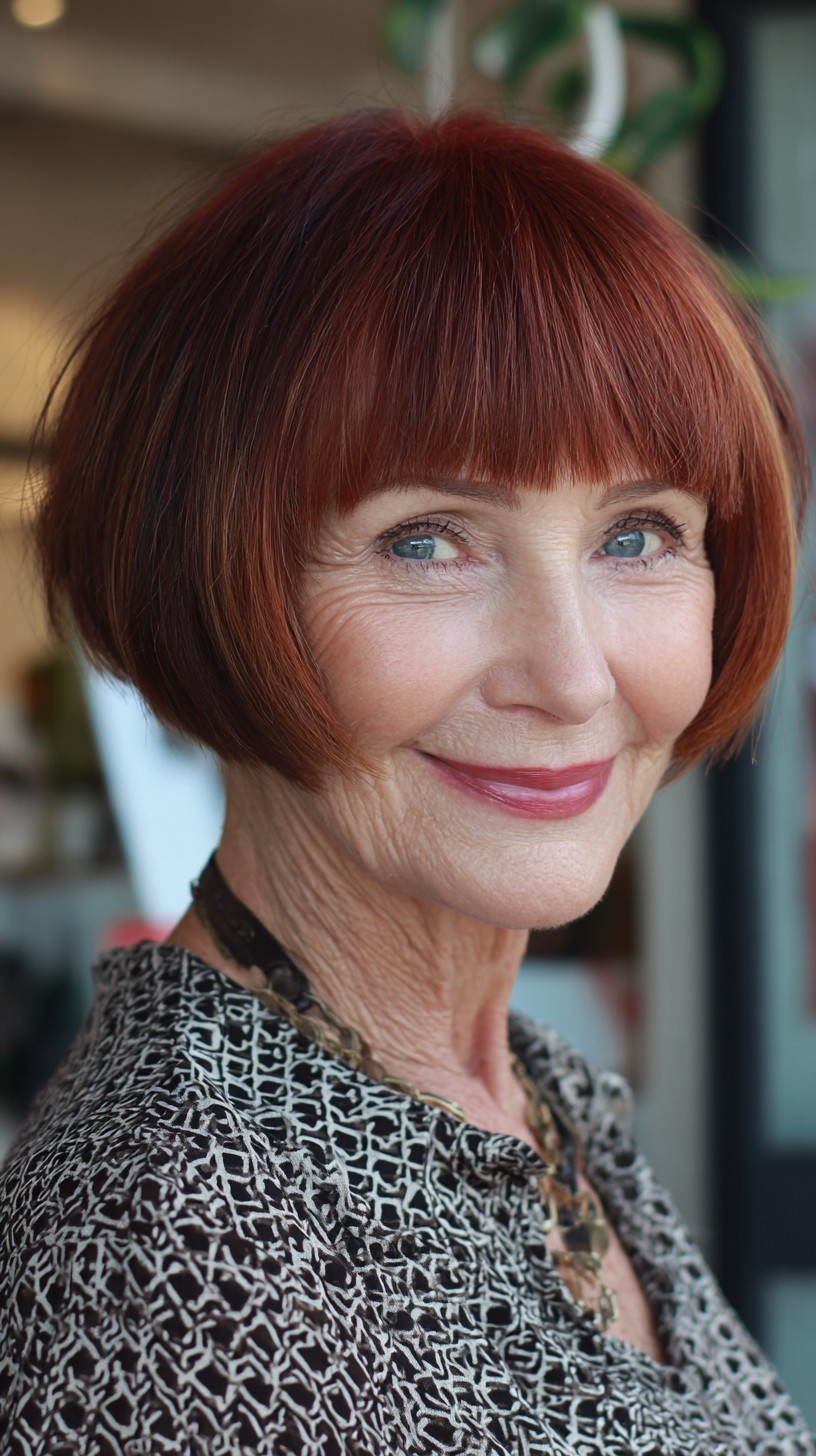 Rounded Auburn Bob with Micro-Blunt Bangs