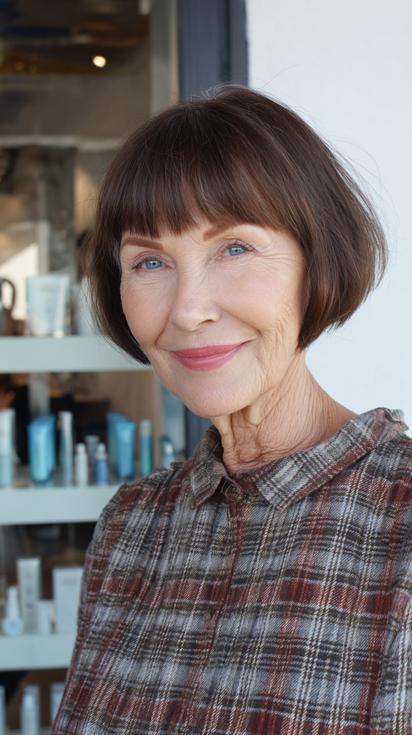 Rounded Chin-Length Bob with Blunt Micro-Bang and Subtle Internal Texturing