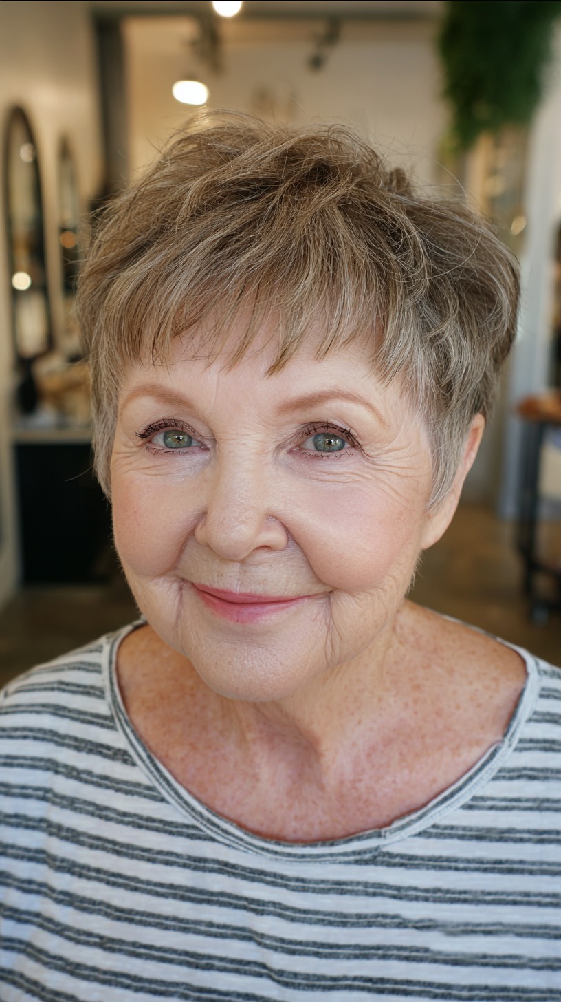 Short Salt-and-Pepper Ash Pixie with Feathered Micro-Bangs and Lifted Crown