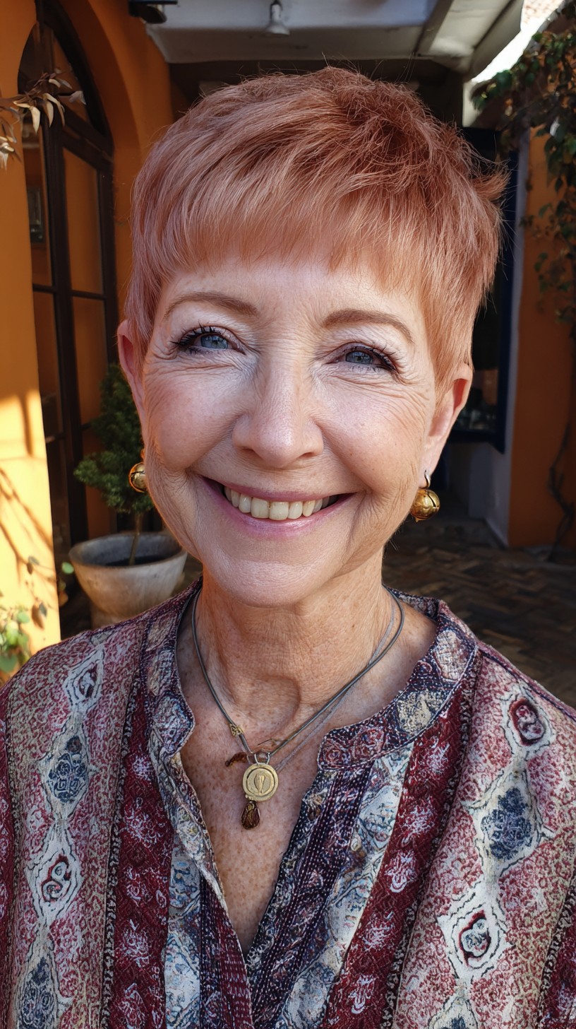 Short Strawberry Copper Feathered Pixie with Micro Fringe