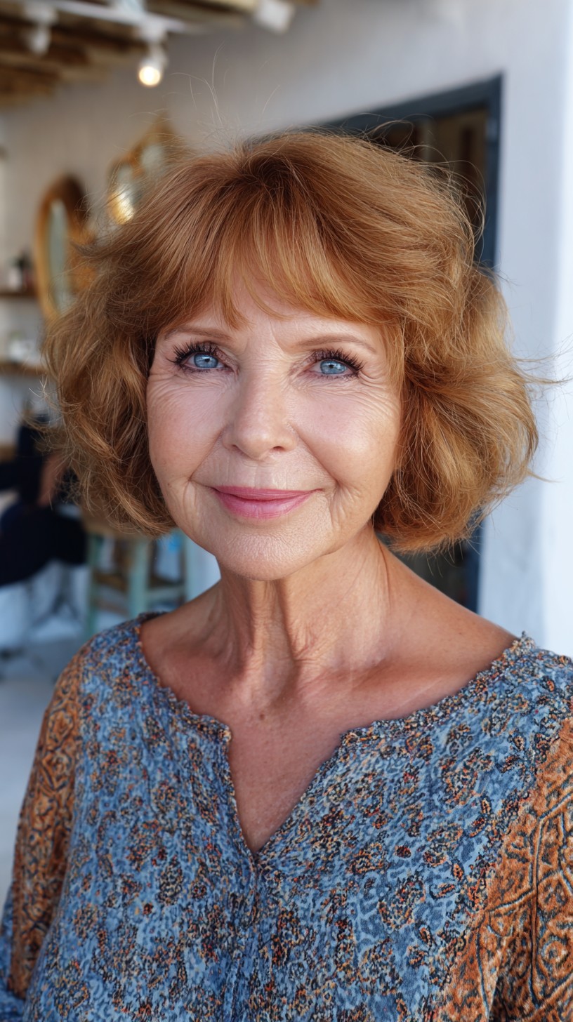 Soft Coppery Chin-Length Bob with Wispy Short Fringe and Natural Crown Lift