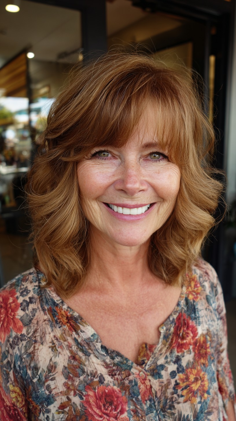 Soft Shoulder-Length Waves with Face-Framing Curtain Bangs