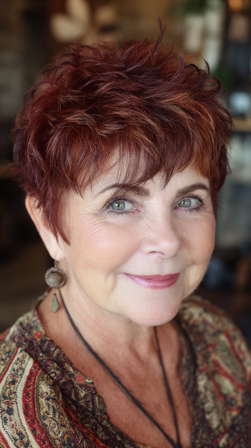 Textured Auburn Pixie with Copper Face-Framing Highlights