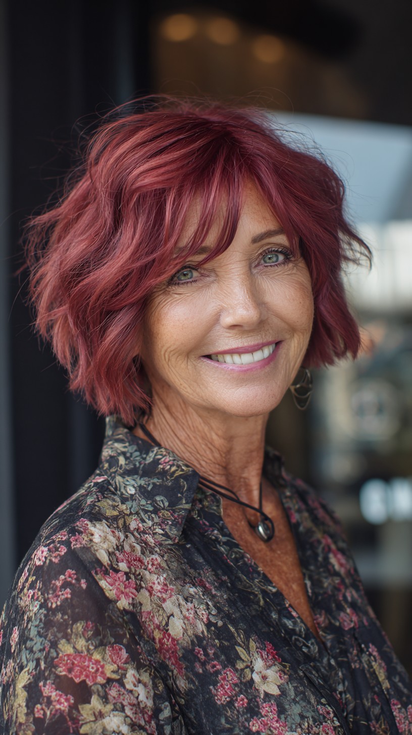 Textured Rose-Red Feathered Short Bob with Side-Sweep