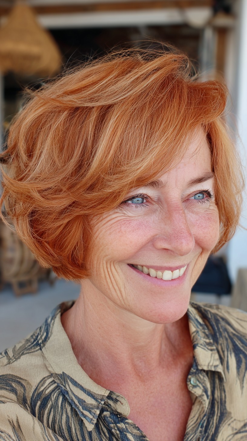 Warm Copper Feathered Short Bob with Lifted Crown