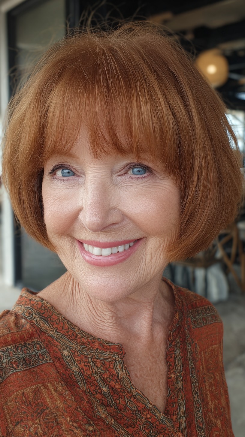 Warm Copper Rounded Bob with Feathered Short Fringe