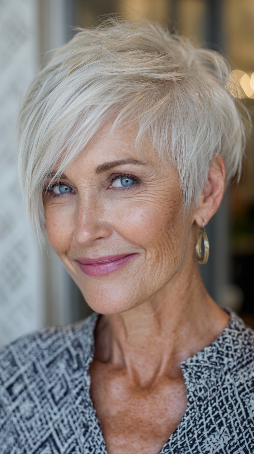 Asymmetrical Feathered Platinum Pixie with Long Diagonal Fringe