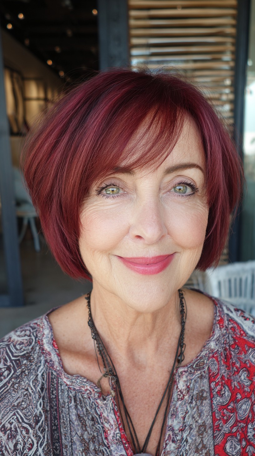 Burgundy Stacked Chin-Length Bob with Feathered Side Fringe