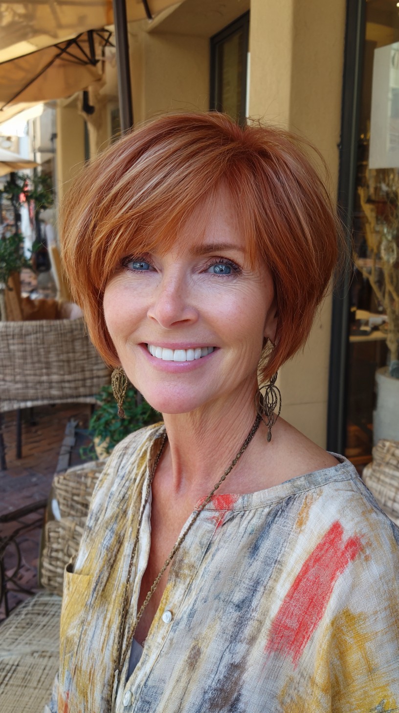 Copper Stacked Bob with Long Side-Swept Fringe and Face-Framing Babylights