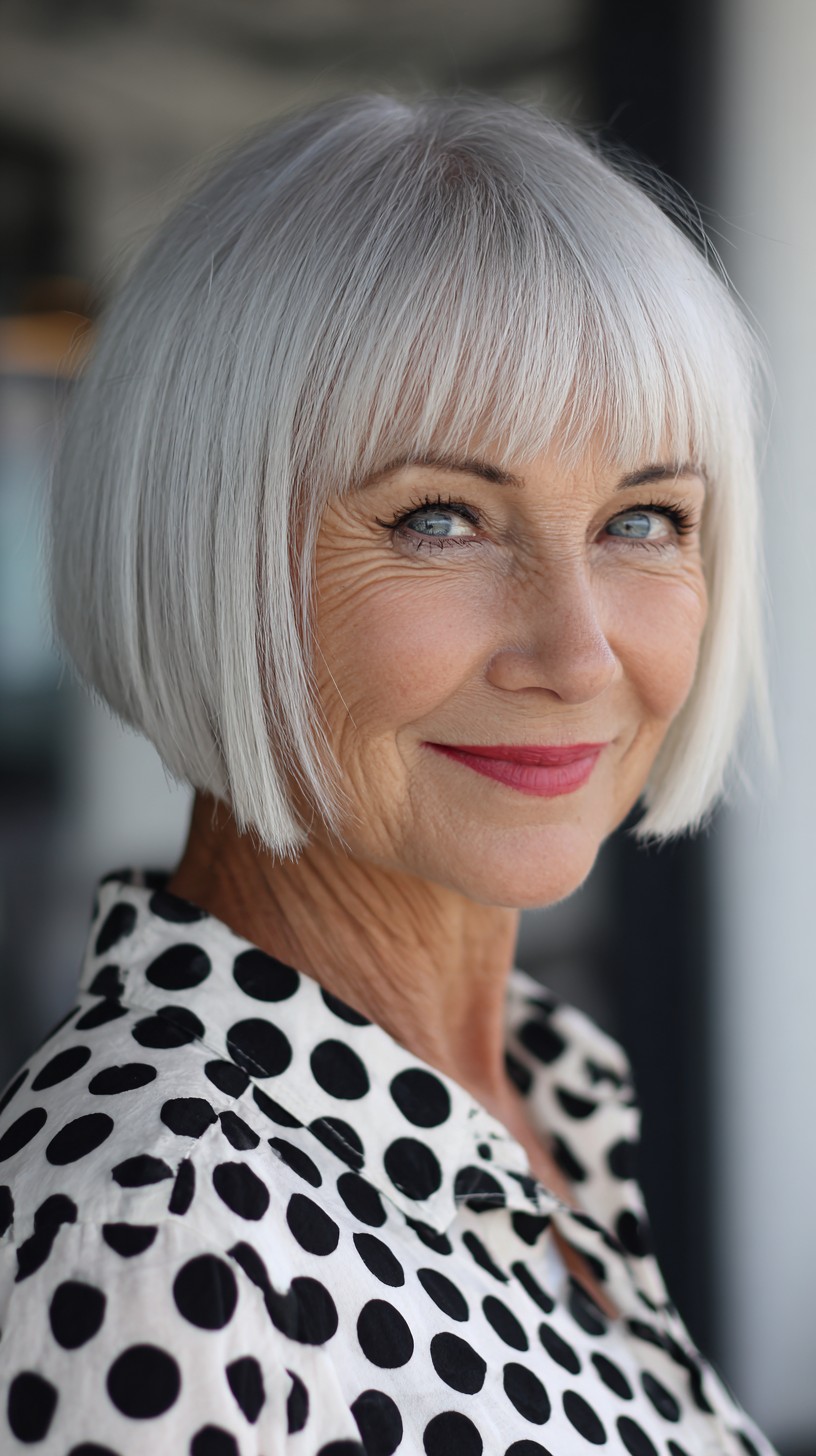 Crisp Silver Blunt Bob with Micro Fringe