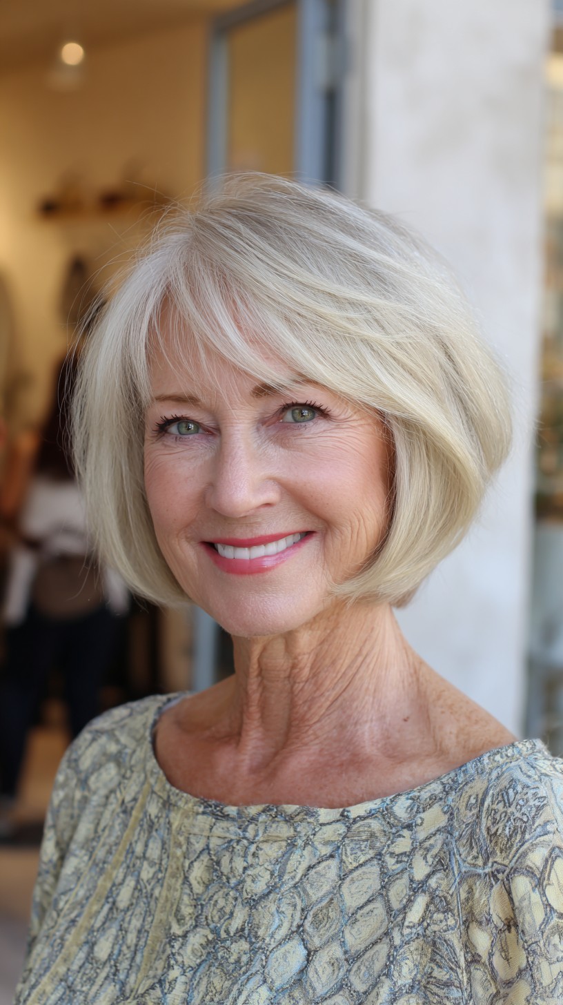 Feathered Angled Platinum Bob with Side-Swept Long Bangs