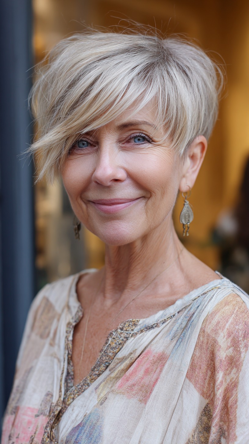 Feathered Ash Blonde Stacked Pixie with Long Side-Swept Fringe