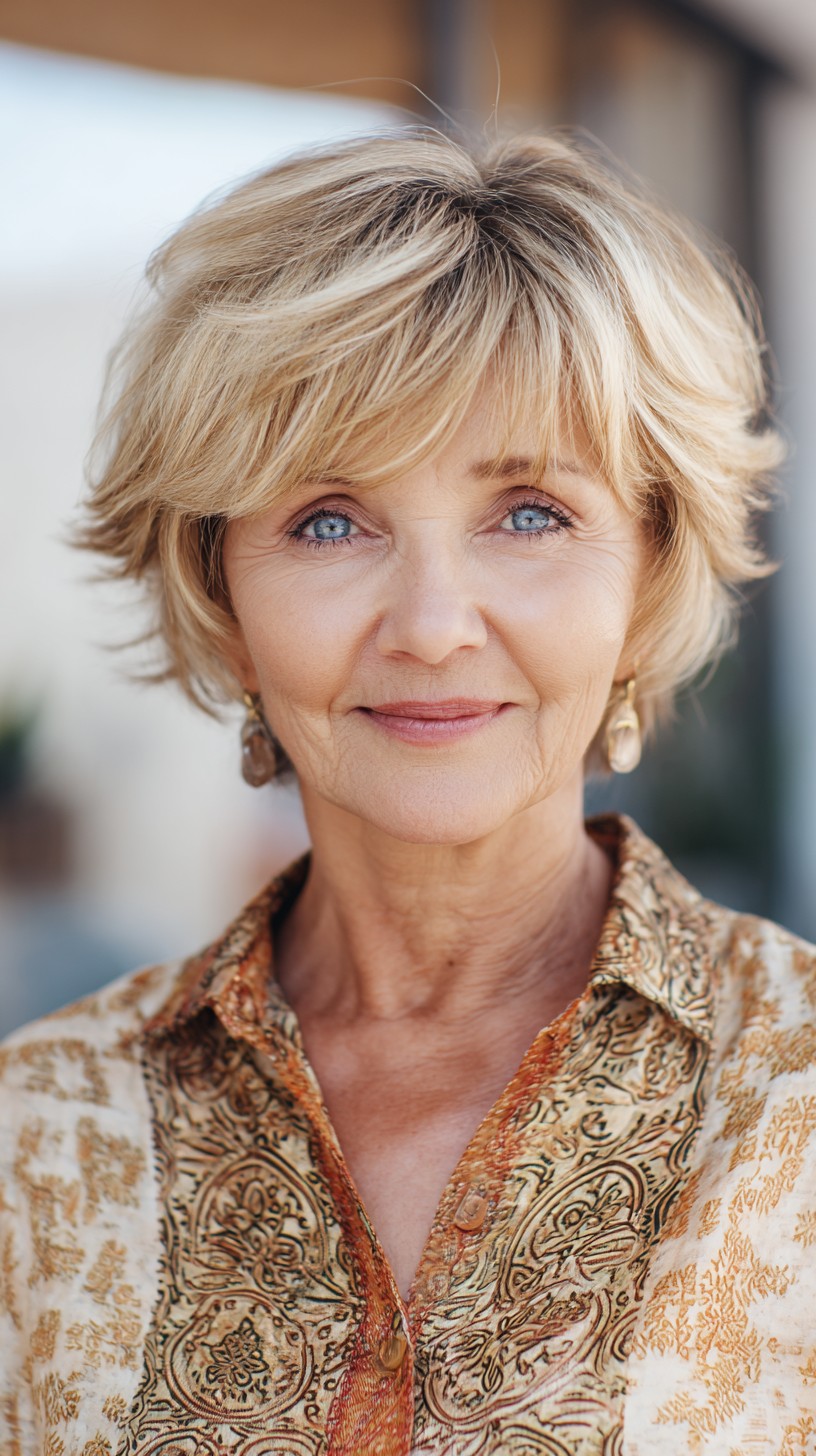 Feathered Blonde Short Cut with Curtain-Fringe and Root Shadow