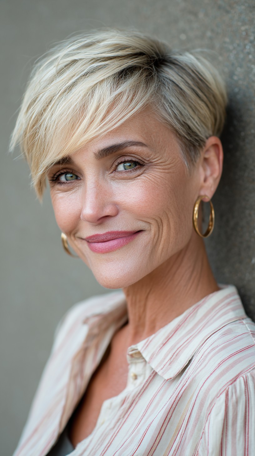 Feathered Blonde Stacked Pixie with Long Side-Swept Fringe
