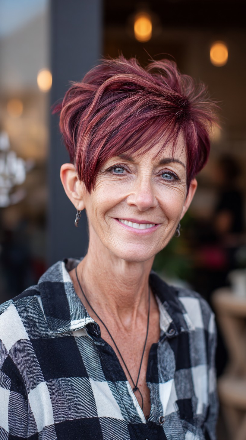Feathered Burgundy Pixie with Side-Swept Long Fringe