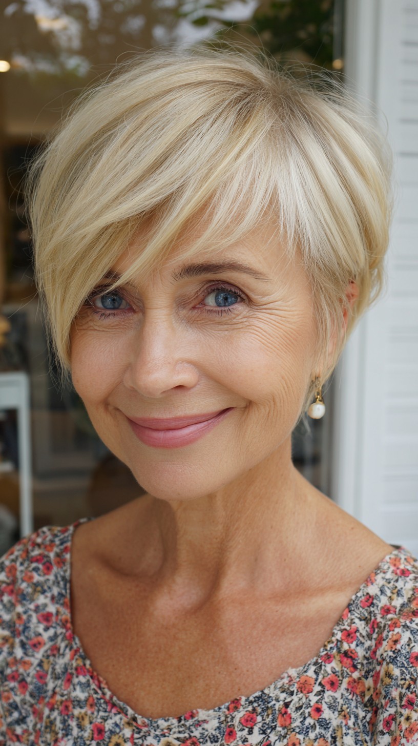 Light Platinum Pixie Crop with Face-Framing Long Fringe